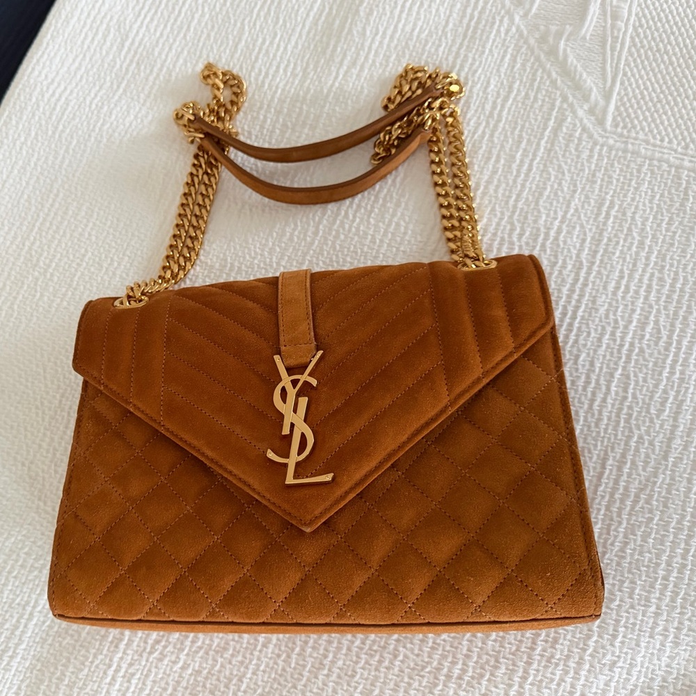 Authentic Yves Saint Laurent Brown Quilted Suede Shoulder Bag